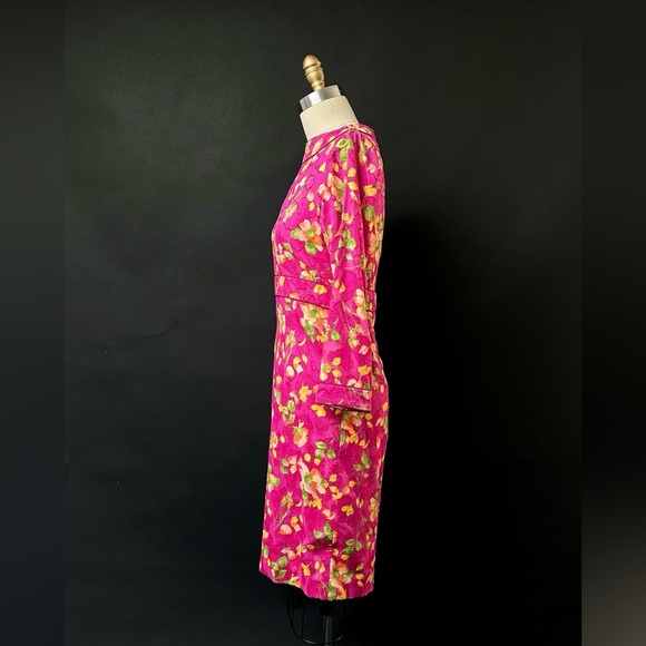 Vintage Lihli at Saks Fifth Avenue Pink Silk Floral Boat Neck Cocktail Dress 8 - Picture 9 of 11